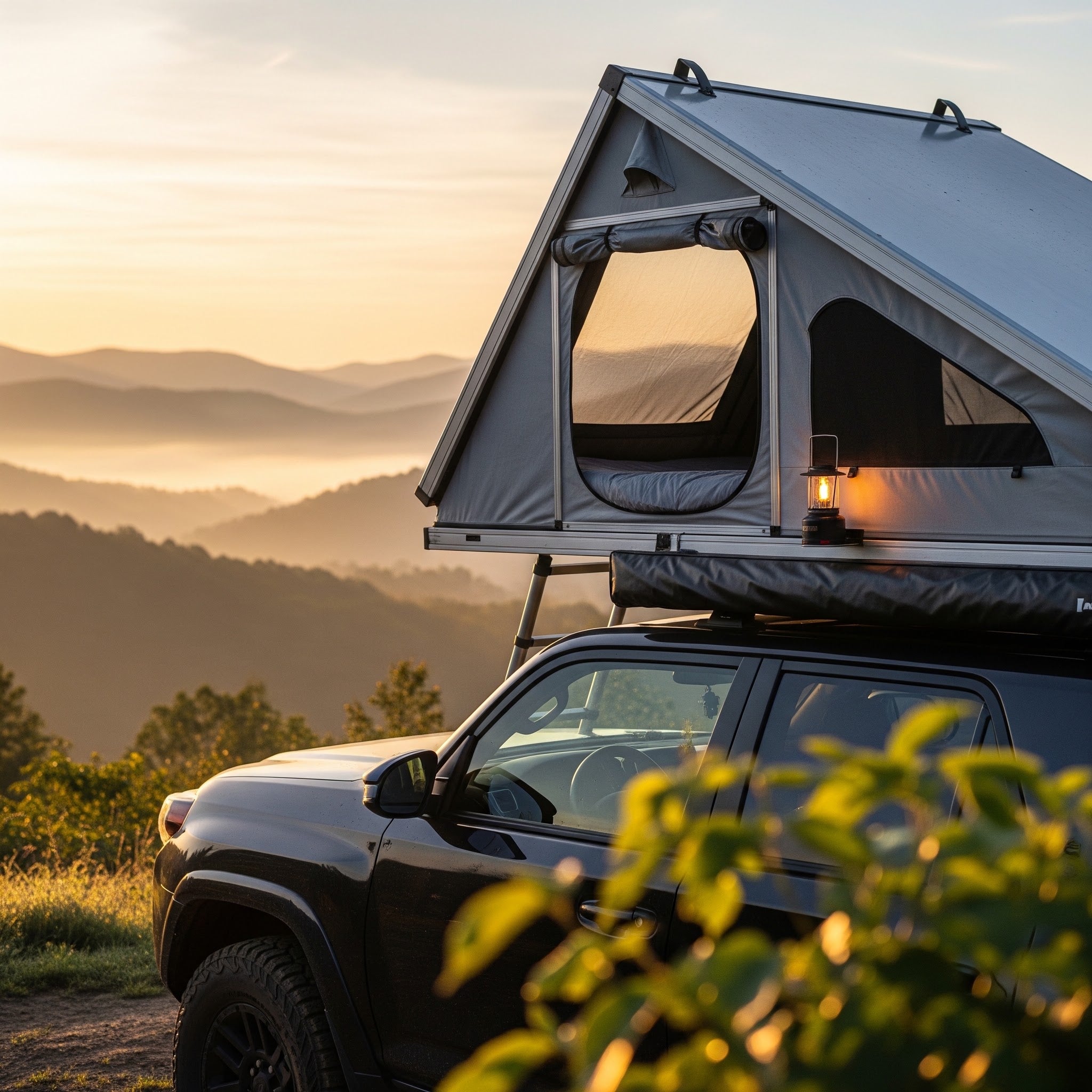 A rooftop tent mounted on the roof of a black SUV, set against a scenic mountain landscape at sunset with a lantern lit on the tent.