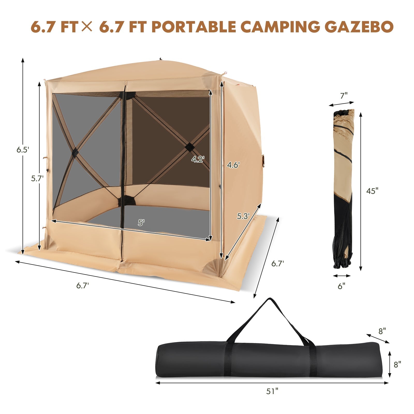 6.7 x 6.7 Feet Pop Up Gazebo with Netting and Carry Bag
